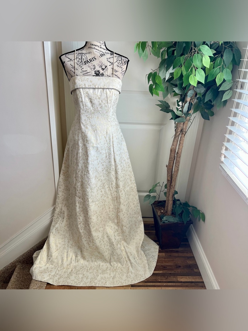 Bari Jay Vintage 90s Brocade Formal Gown  Rhinestone Trim Ivory Gold Sz 3/4